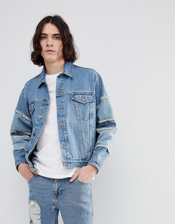 Asos Oversized Denim Jacket With Frayed Sleeve In Blue Wash - Blue