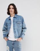 Asos Oversized Denim Jacket With Frayed Sleeve In Blue Wash - Blue