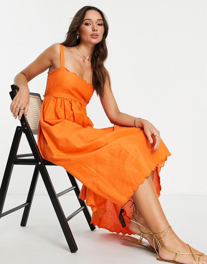 Asos Design Scallop Edge Cut Out Back Midi Sundress In Orange