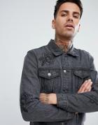 Boohooman Denim Jacket With Rose Embroidery In Black Wash - Black