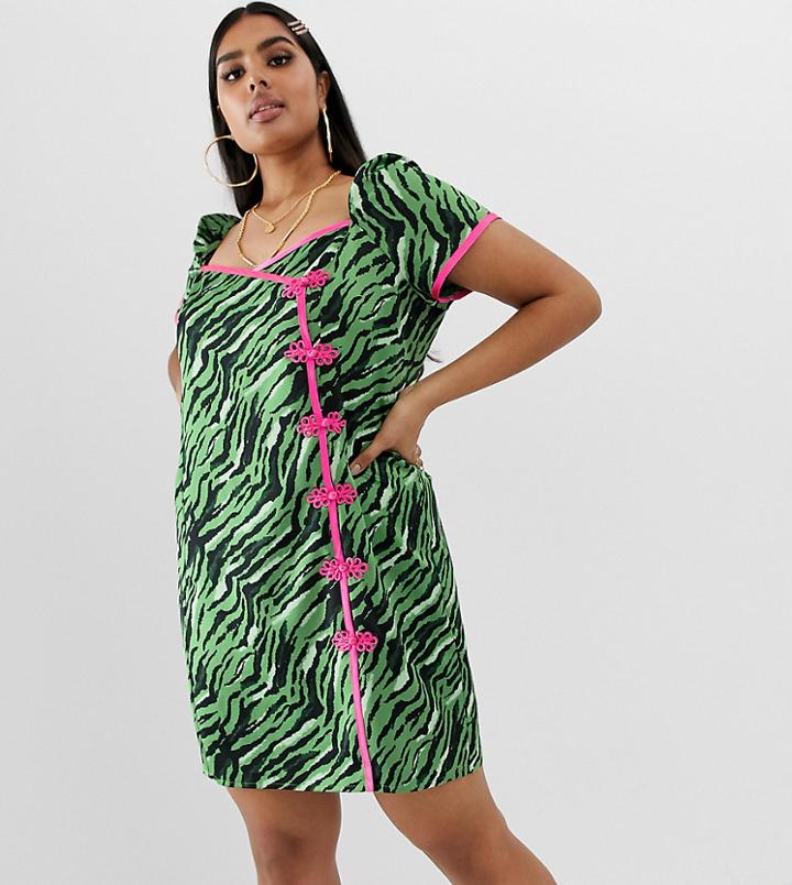 Asos Design Curve Sweetheart Mini Dress In Zebra Print With Contrast Neon Trim-multi