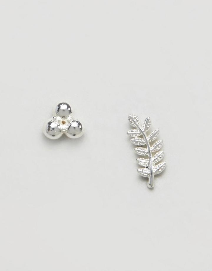 Orelia Leaf And Triple Ball Stud Earrings - Silver
