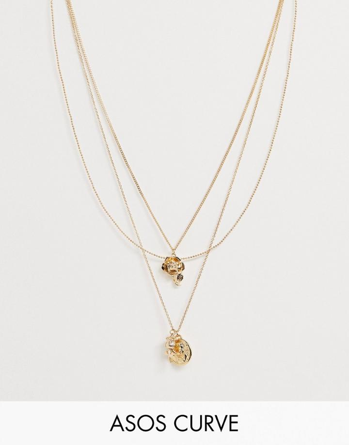Asos Design Curve Multirow Necklace With Gardenia And Cupid Pendants In Gold - Gold