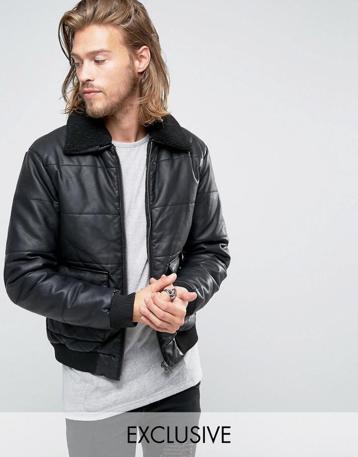 Black Phoenix Faux Leather Bomber Quilted Removable Fleece Collar In Black - Black