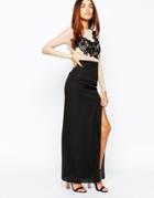 Elise Ryan Sheer Lace Applique Maxi Dress With Chiffon Side Split Skirt