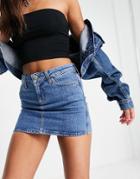 Topshop Super Mini Recycled Cotton Blend Denim Skirt In Mid Blue-blues