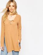 Asos 70s Lace Front Longline Tunic Top - Tan