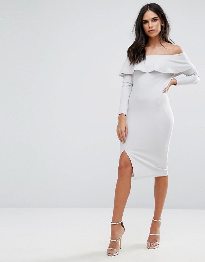 Missguided Gray Bardot Frill Split Midi Dress - Gray