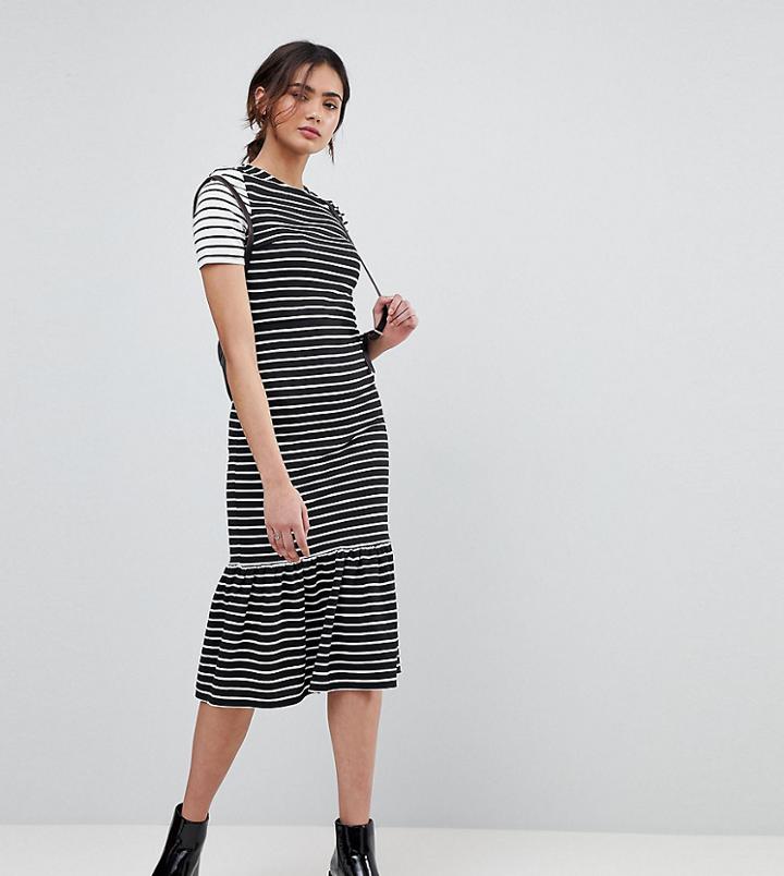 Asos Tall Midi Dress With Pep Hem In Mono Stripes - Multi