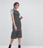 Asos Tall Midi Dress With Pep Hem In Mono Stripes - Multi