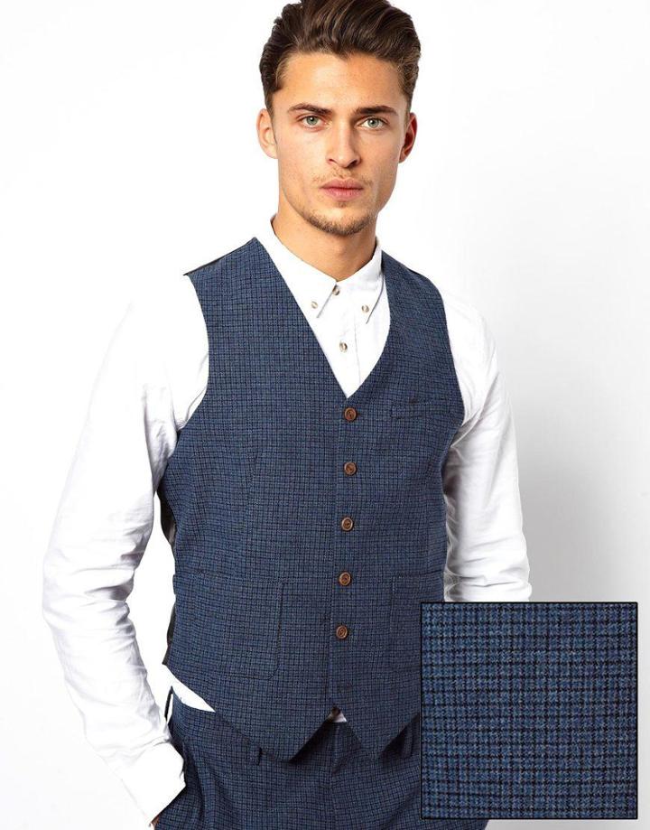 Asos Slim Fit Vest In Blue Dogstooth