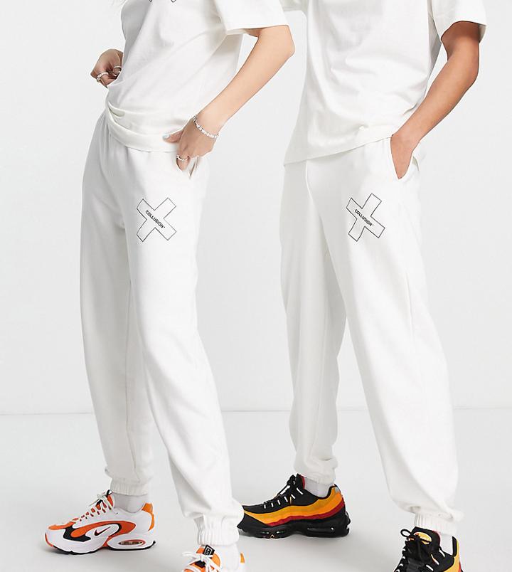 Collusion Unisex Sweatpants With High Build Logo Print In Ecru - Part Of A Set-white