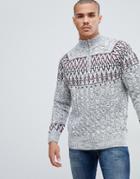 Bellfield Cable Sweater With Half Zip In Fairisle - Gray