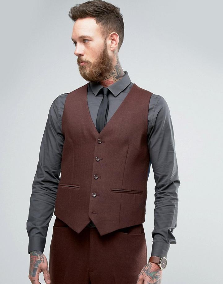 Asos Skinny Suit Waistcoat In Herringbone In Rust Wool Blend - Tan