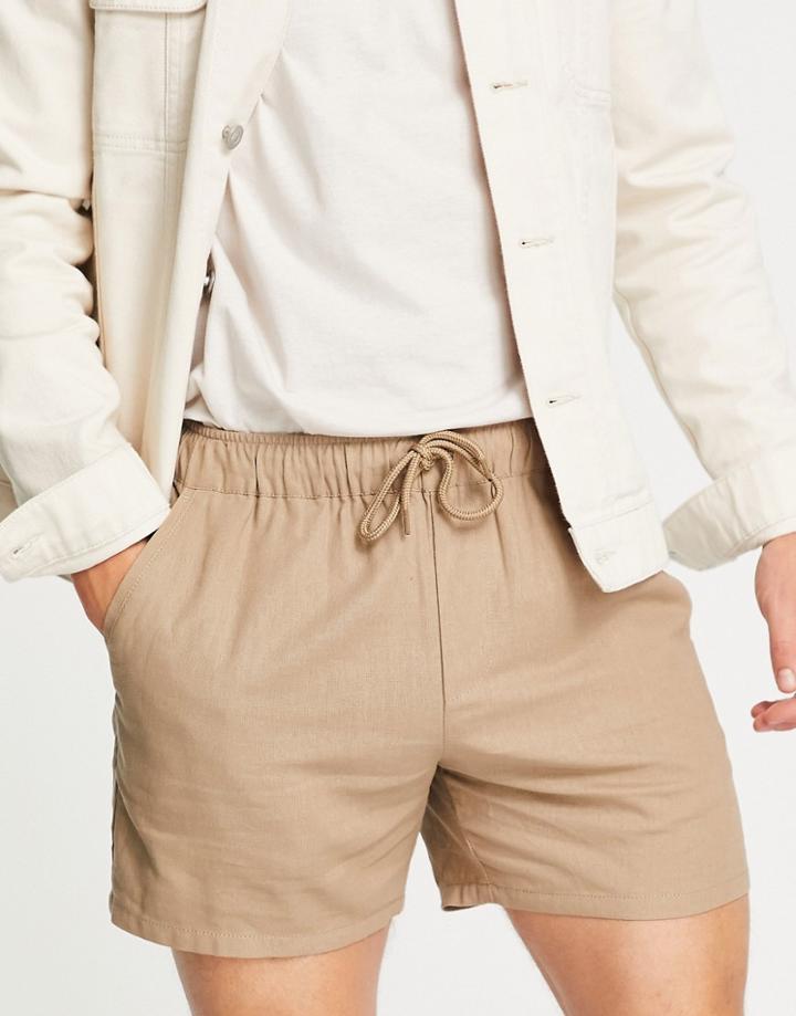Asos Design Slim Shorter Shorts In Dark Beige Linen Mix-neutral