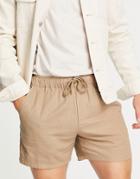 Asos Design Slim Shorter Shorts In Dark Beige Linen Mix-neutral