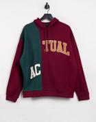 Asos Actual Oversized Hoodie With Cut And Sew Logo In Burgundy And Teal-red