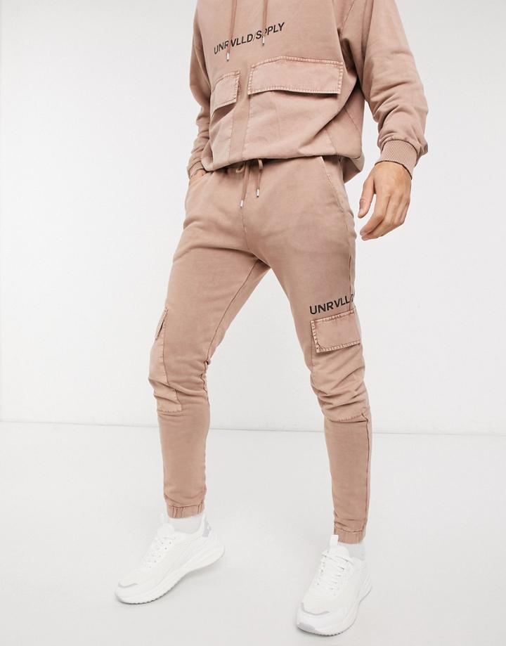 Asos Unrvlld Spply Oversized Matching Sweatpants In Washed Tan With Printed Logo-brown