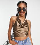 Urban Threads Tall Satin Cowl Neck Tie Back Handkerchief Top In Brown