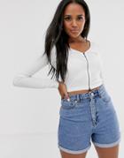 Asos Design Top In Rib With Full Length Zip With Long Sleeve - White