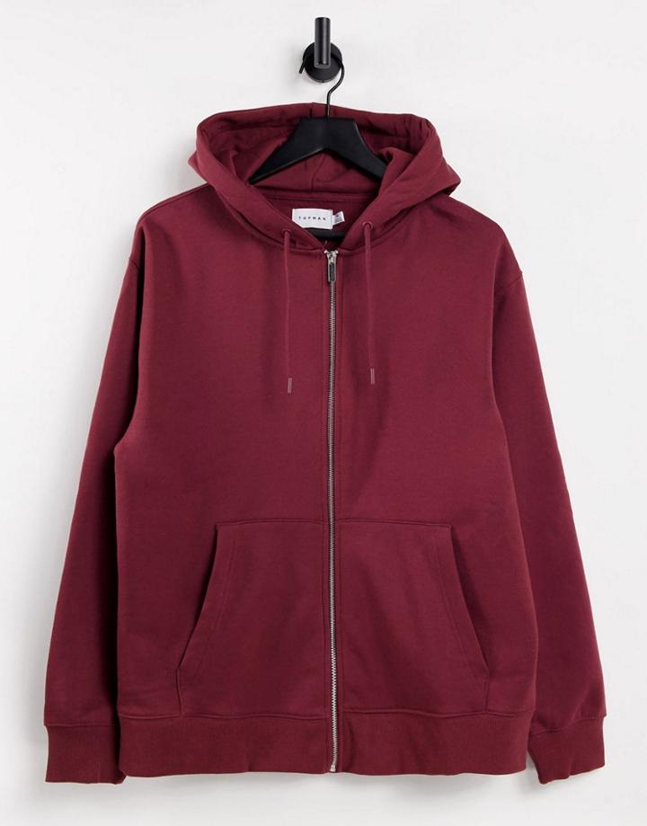 Topman Full Zip Hoodie In Burgundy - Part Of A Set-red