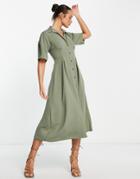 Asos Design Button Up Waist Midi Shirt Dress In Soft Khaki-green