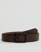 Asos Design Smart Leather Slim Belt In Brown With Perforated Emboss And Matte Black Buckle - Brown