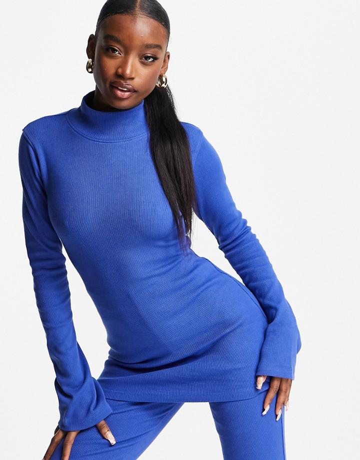 Public Desire Luxe Rib Flared Sleeve Longline Top In Bright Blue - Part Of A Set