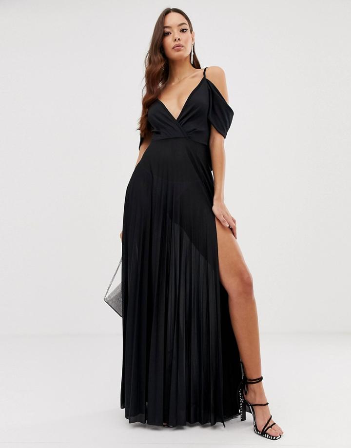 Asos Design Cold Shoulder Cowl Back Pleated Maxi Dress-black
