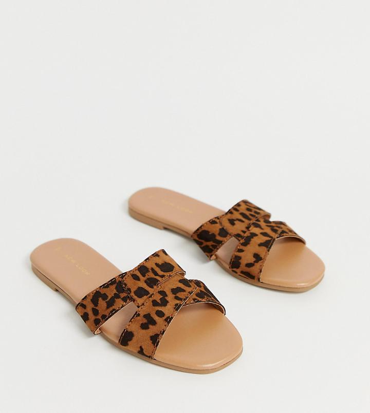 New Look Cross Strap Flat Slider Sandal In Animal - Stone