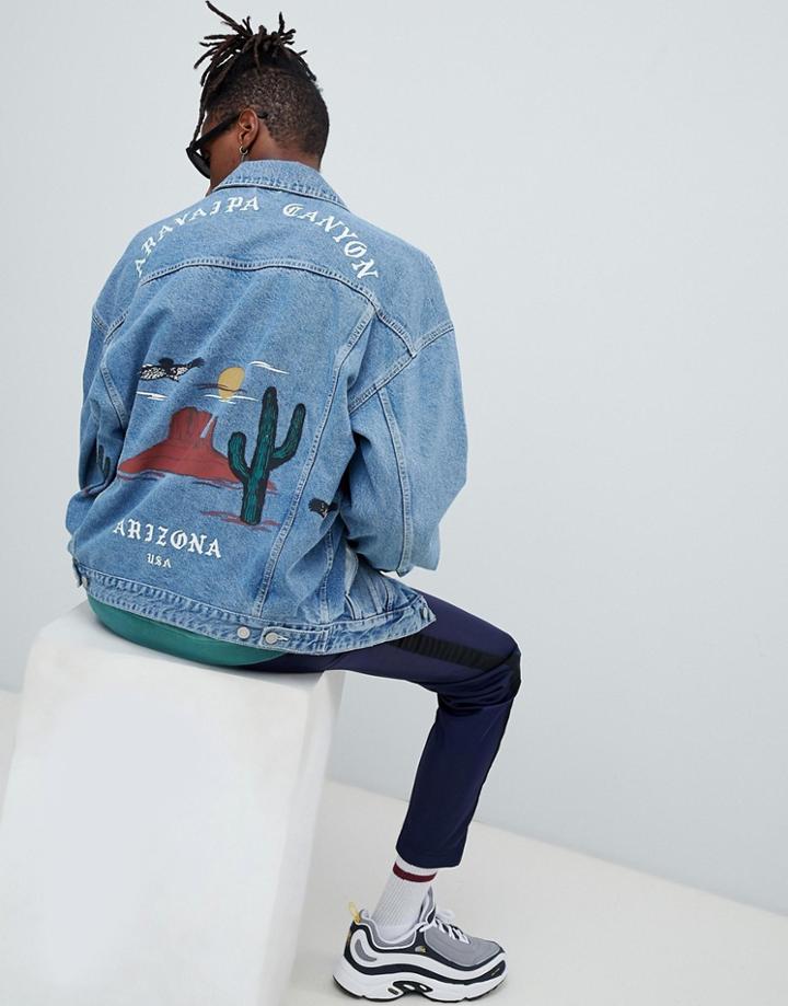 Asos Design Oversized Denim Jacket With Back Print - Blue