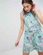 Brave Soul Celeste Double Layer Floral Dress With Pom Pom Trim - Blue