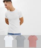 Asos Design Organic Muscle Fit Crew Neck T-shirt With Stretch 3 Pack Multipack Saving - Multi