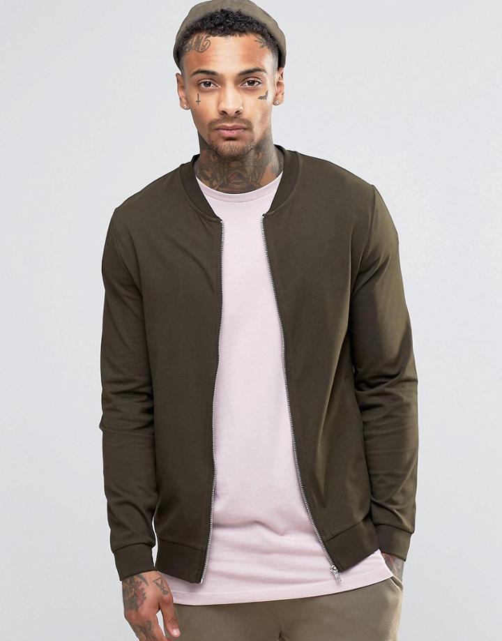 Asos Muscle Fit Jersey Bomber Jacket In Khaki - Hunter Green