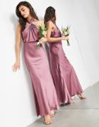 Asos Edition Satin Ruched Halter Neck Maxi Dress In Orchid-purple