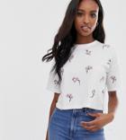 Asos Design Tall Boxy T-shirt With All Over Ditsy Embroidery In White - White