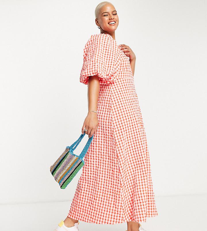 Asos Design Curve Open Back Puff Sleeve Maxi Dress In Textured Red Gingham-multi