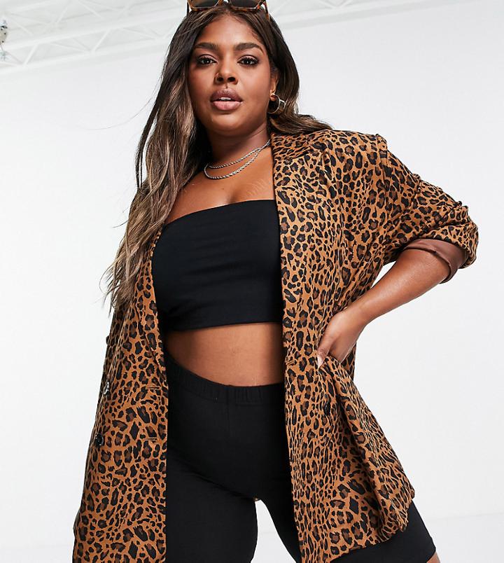 Urban Threads Plus Oversized Blazer In Leopard Print-brown