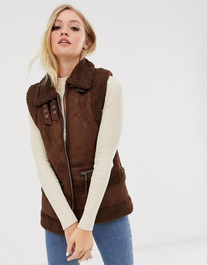 Neon Rose Oversized Aviator Gillet In Faux Teddy And Suede