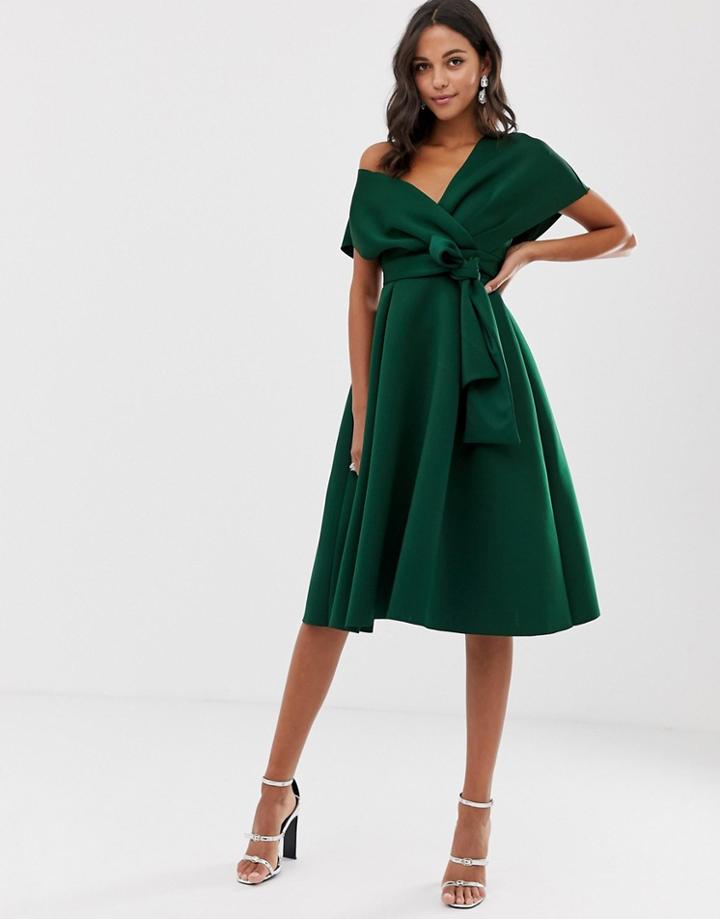Asos Design Fallen Shoulder Prom Dress With Tie Detail-green