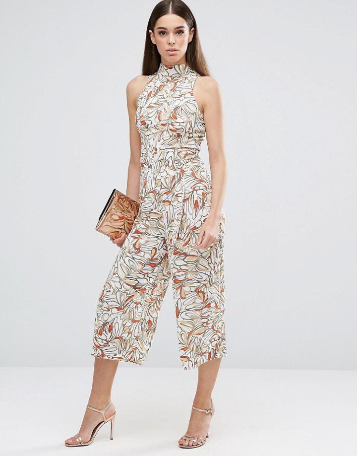 Ax Paris Leaf Print Culotte Jumpsuit With High Neck - Multi