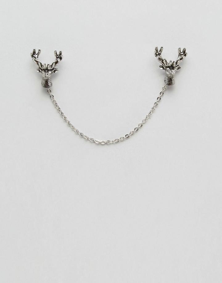 Noose & Monkey Stag Collar Tips & Chain In Silver - Silver