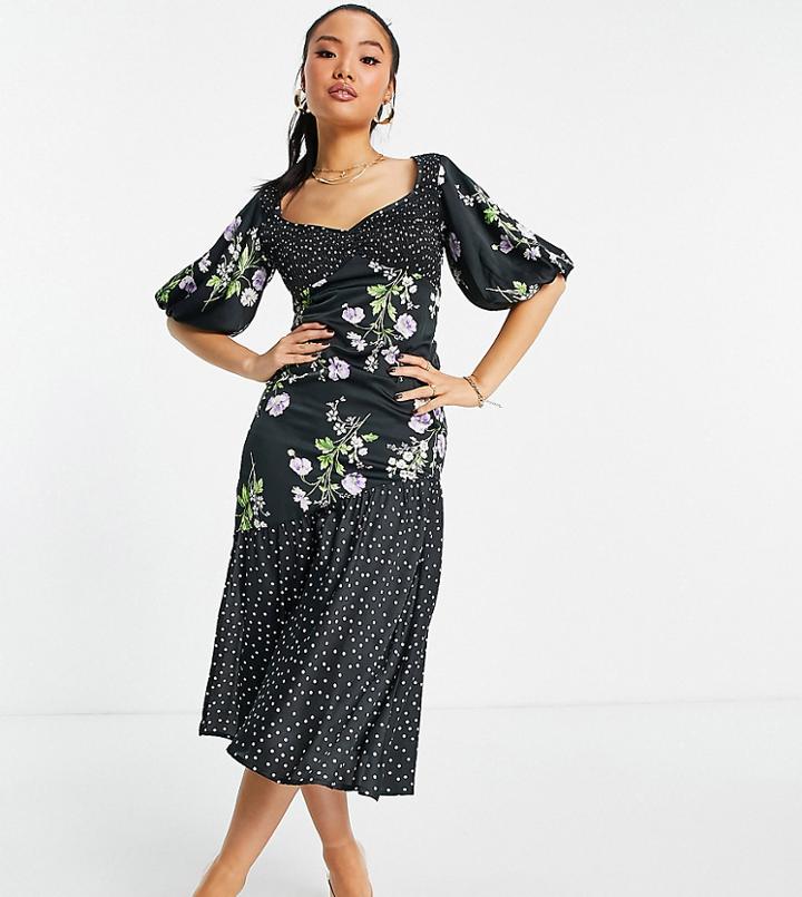 Asos Design Petite Mixed Print Shirred Midi Tea Dress With Bubble Sleeves-multi