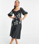 Asos Design Petite Mixed Print Shirred Midi Tea Dress With Bubble Sleeves-multi
