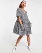 Urban Threads Oversized Shirt Dress In Navy Gingham-blues