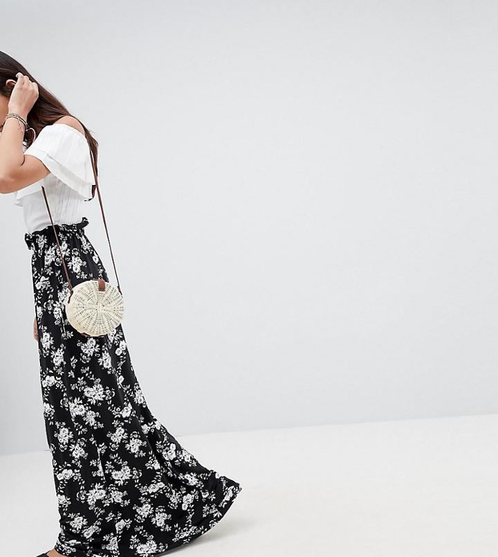 Asos Tall Maxi Skirt With Paperbag Waist In Mono Floral Print - Black