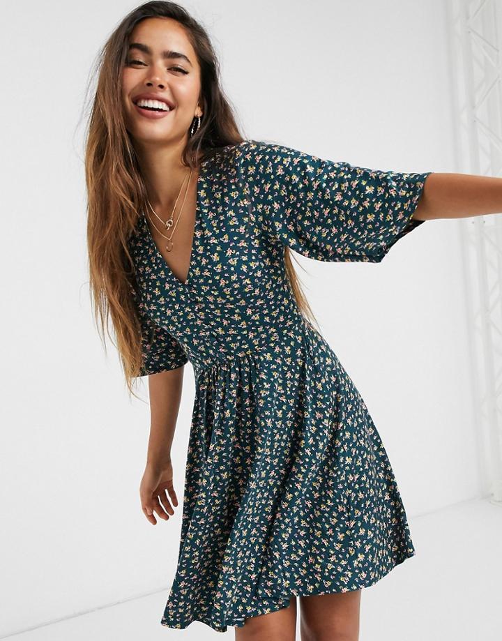 Asos Design Mini Swing Dress In Dark Green Floral Print