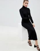 Asos Design High Neck Rib Maxi Dress With Long Sleeves - Black