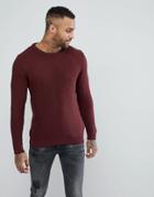 Pull & Bear Waffle Knit Sweater With Round Neck In Burgundy - Red
