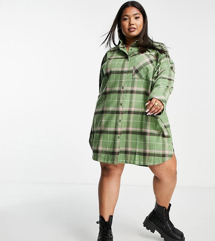 Asos Design Curve Curved Hem Boyfriend Mini Shirt Dress In Check-multi
